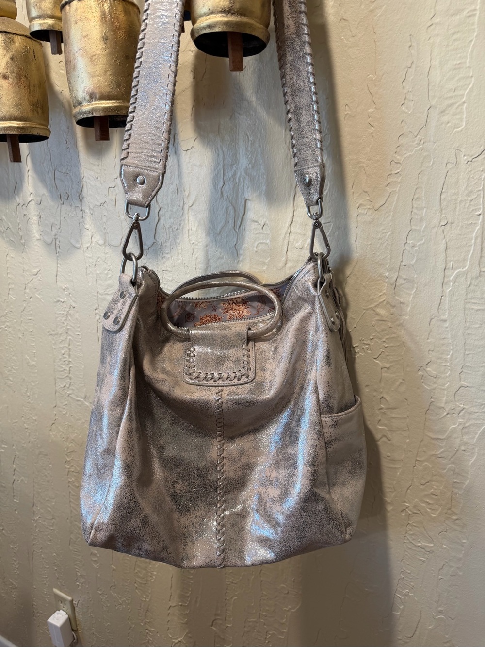 HOBO Metallic Pewter Leather Shoulder Bag with Braided Strap